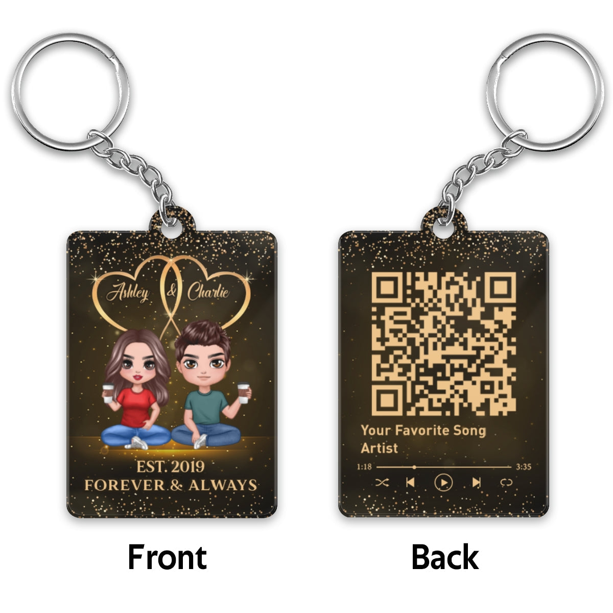 Galaxy Doll Couple Sitting Favorite Song Scannable QR Code Personalized Acrylic Keychain