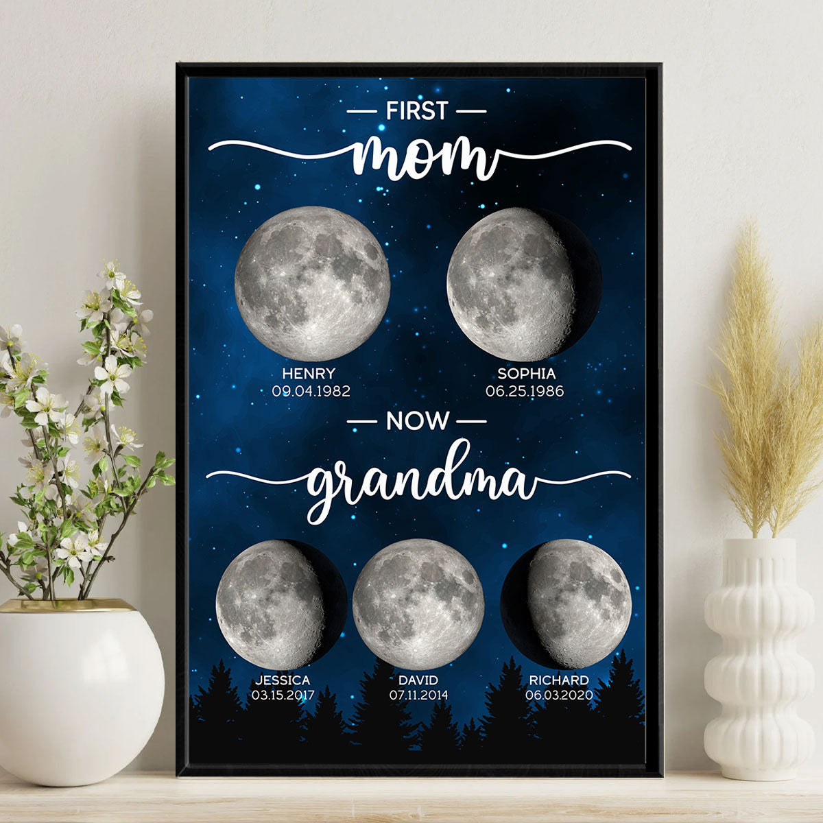 Galaxy Night First Mom Now Grandma Custom Birth Moon Phase Personalized Poster, Gift