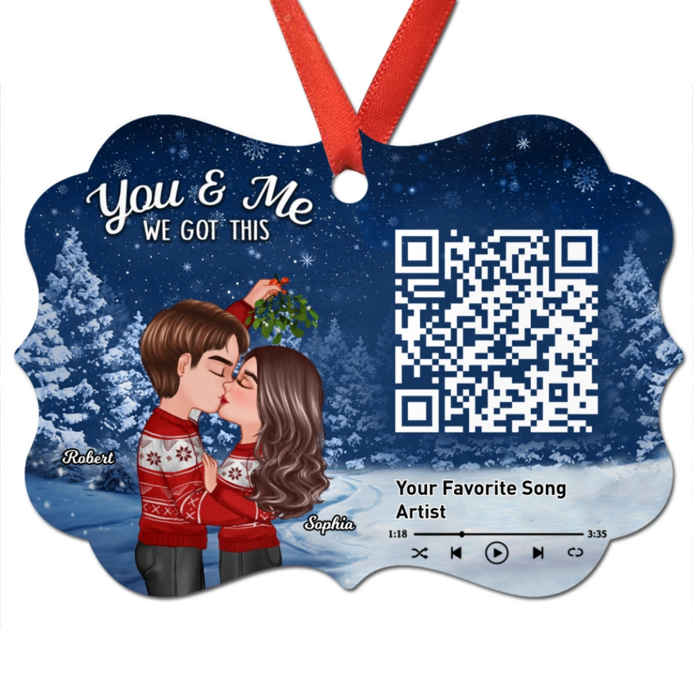 Galaxy Night Couple Kissing Under Mistletoe Favorite Song Scannable QR Code Christmas Personalized Christmas Ornament