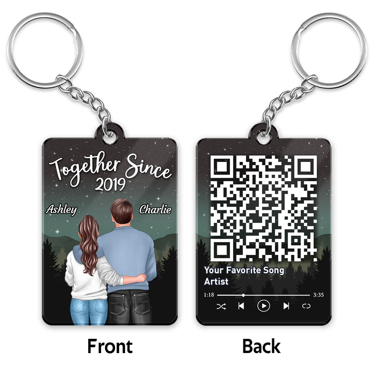 Galaxy Night Back View Couple Standing Hugging Favorite Song Scannable QR Code Personalized Acrylic Keychain
