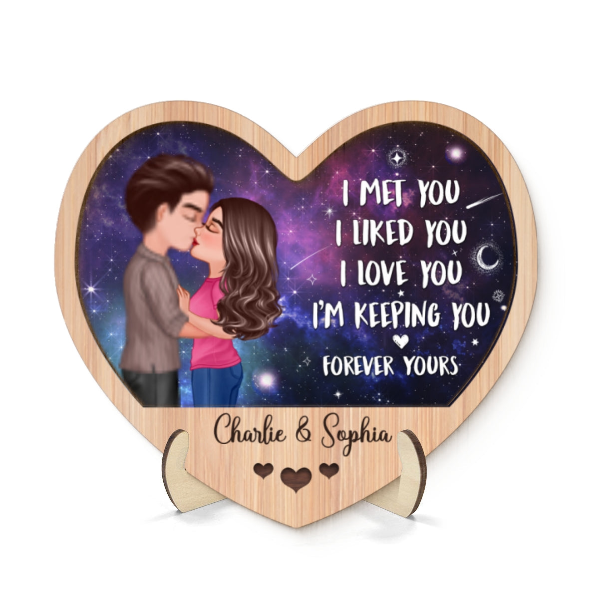 Galaxy Night Couple Kissing I Met You Personalized 2-Layer Wooden Plaque