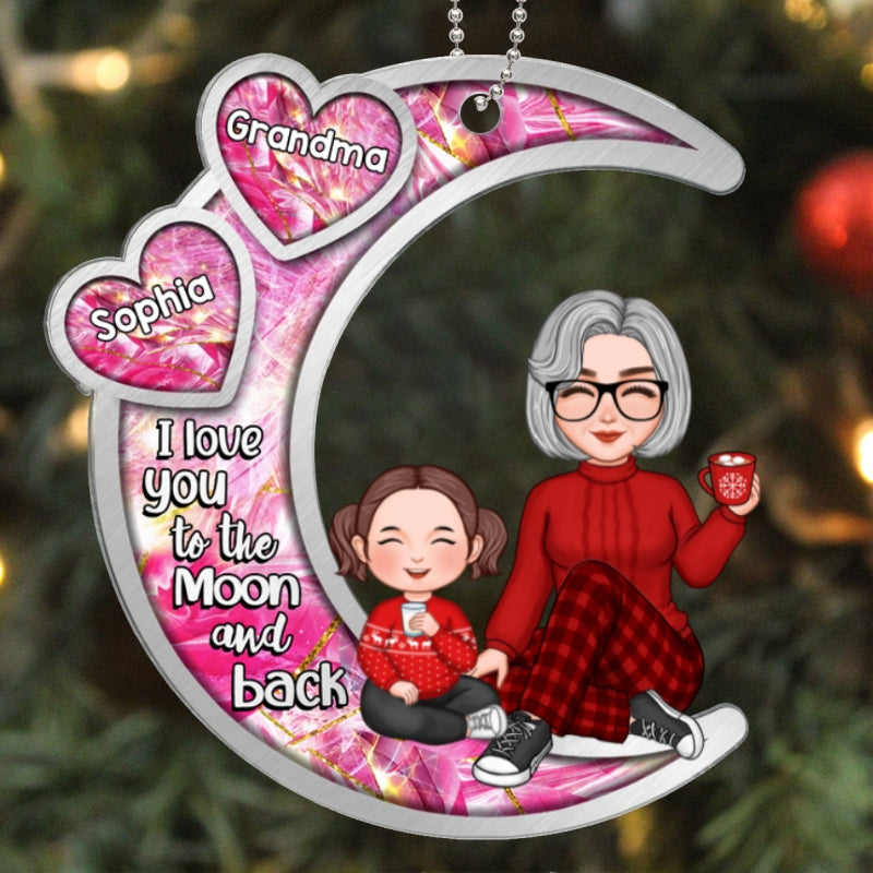 Galaxy Pattern Cute Grandma & Grandkid On Moon Christmas Gift Personalized Acrylic Ornament
