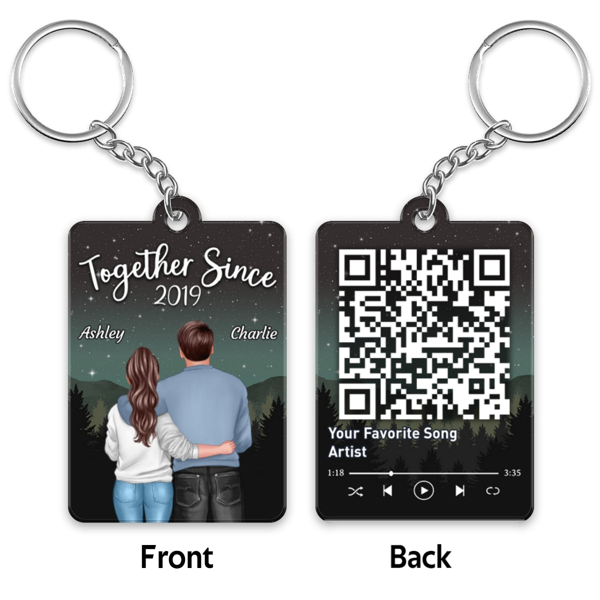 Galaxy Night Back View Couple Standing Hugging Favorite Song Scannable QR Code Personalized Acrylic Keychain